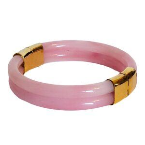 70s Pink Peking Glass Hinged Bangle 7.25" Duel Stack Clamper Bracelet Gold Plate
